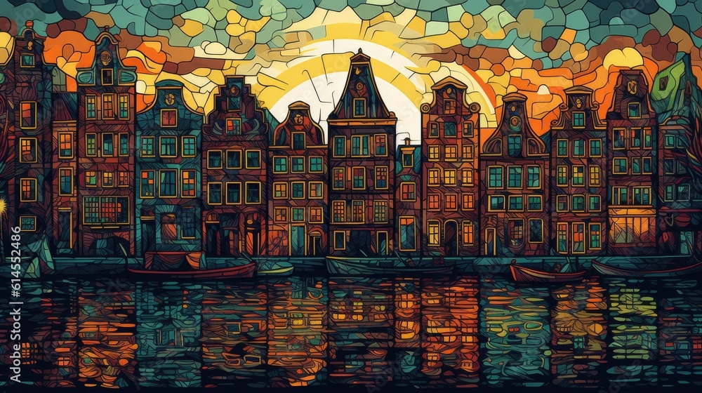 Painting Amsterdam, Van Gogh style landscape, colorful background, illustration of the cityscape, AI