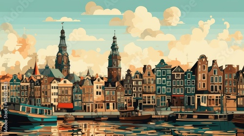 Amsterdam waterfront painting, artwork cityscape of Amsterdam, AI