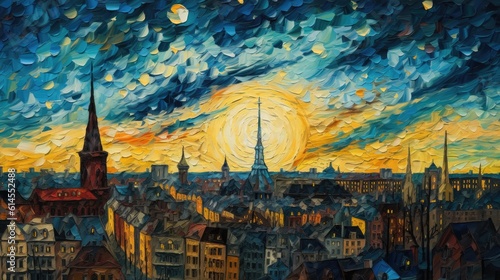 Painting Berlin, Van Gogh style landscape, colorful background, illustration of the cityscape, AI