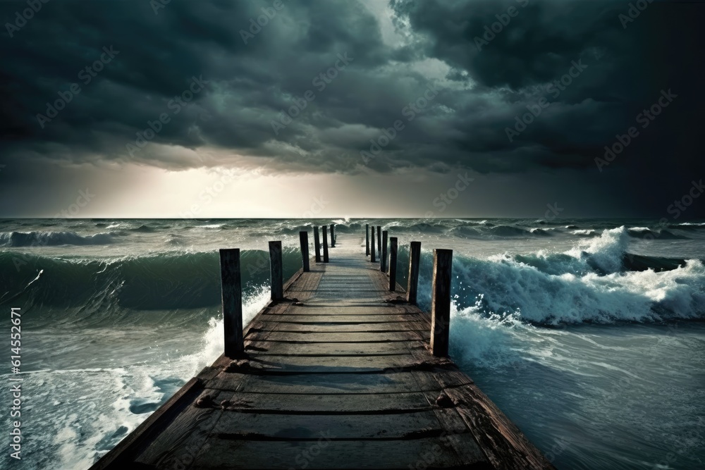 pier stretching out into the ocean with stormy clouds in the background. Generative AI