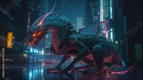 Cyberpunk dragon concept art  illustration of cyberpunk dragon in downtown city  AI