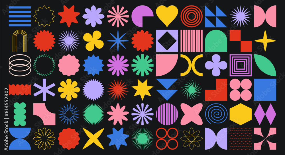 Big vector set of brutalist geometric shapes. Trendy abstract minimalist figures, stars, flowes, circles. Modern abstract graphic design elements.Vector Big vector set of brutalist geometric shapes. Trendy abstract minimalist figures, stars, flowes, circles. Modern abstract graphic design elements.Vector