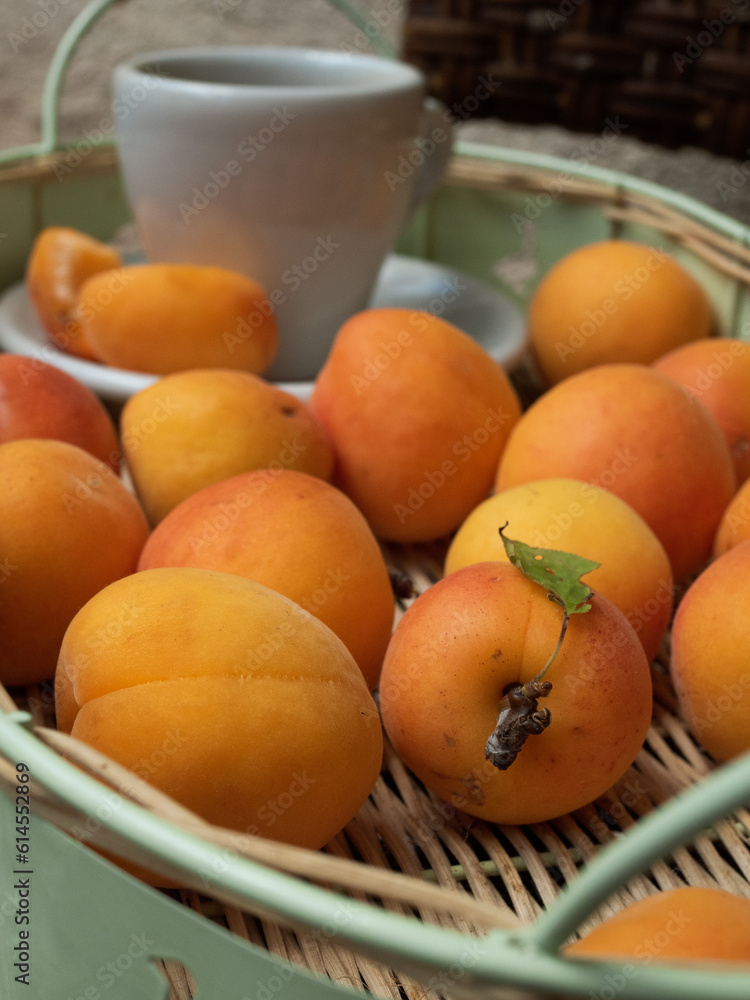 A vertical close up shot of coffee cup and apricots in a tray. June in Sardinia, Italy. A vertical close up shot of coffee cup and apricots in a tray. June in Sardinia, Italy.