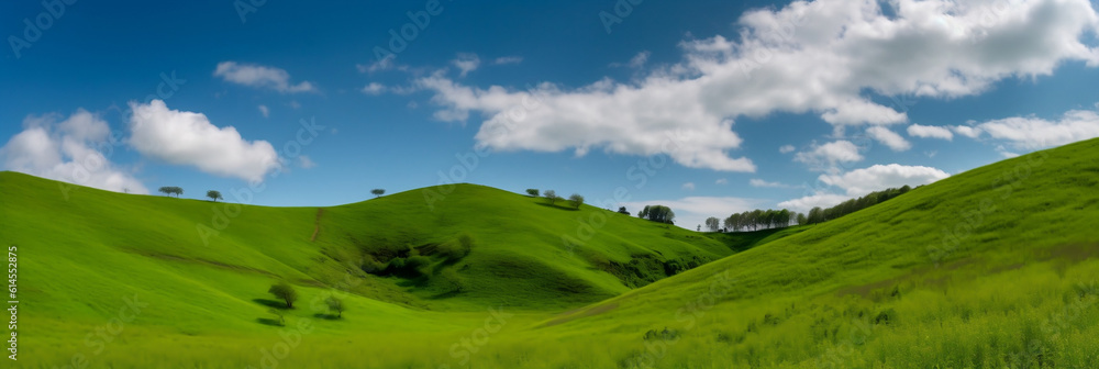 Green hills and a blue sky with clouds, Generative AI