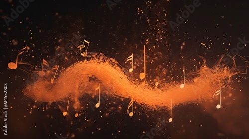 Music notes in orange smoke with particle effects, concept background, web illustration, AI