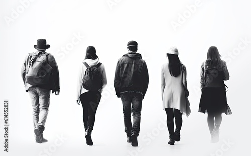 silhouette of young people walking away, graphic resource of people on white background, AI