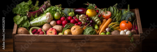 a wooden box filled with lots of different types of vegetables and plants in it's sides and sides, all on top of a wooden floor, Generative AI