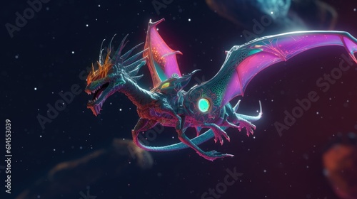 Space punk dragon flying though space concept art, Spacepunk dragon illustration, AI