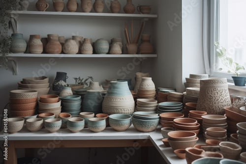 Handmade clay pottery set on a white shelf.