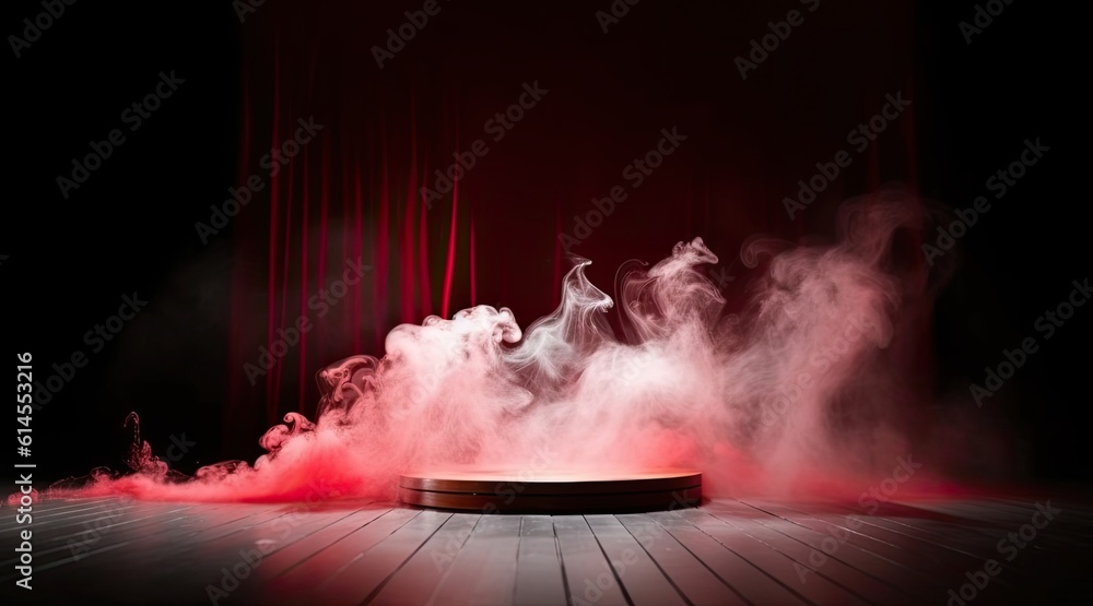 Stage with spotlight, red, white and blue smoke and particle effects, great for 4th of July backdrop or product placement ai