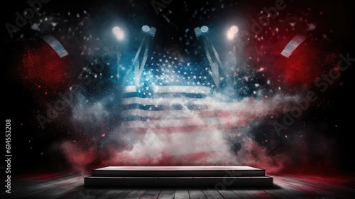 Stage with spotlight  red  white and blue smoke and particle effects  great for 4th of July backdrop or product placement ai