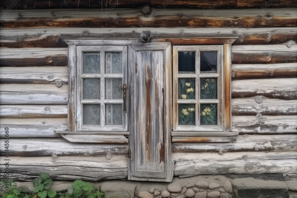 White wooden wall painted with lime, an old log house rustic village.