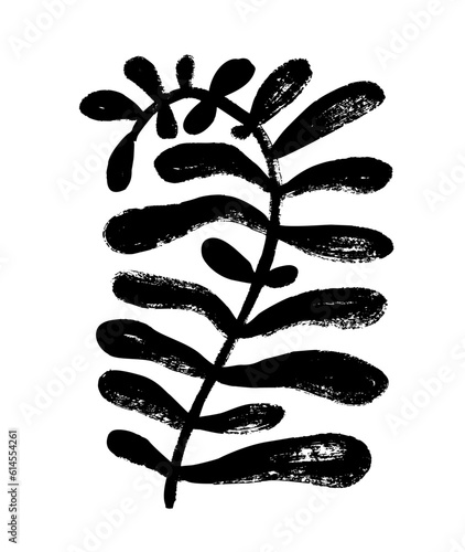 Matisse inspired branch with round leaves. Hand drawn organic naive style plant isolated on white background. Trendy contemporary natural element in rectangle shape. Vector black ink illustration.