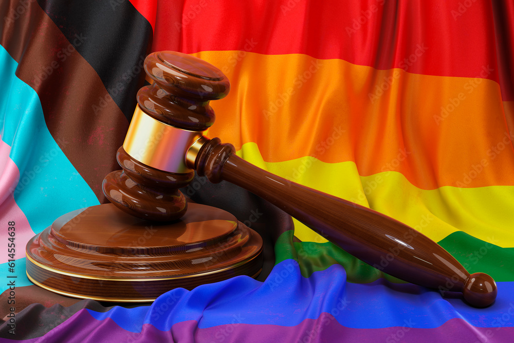 LGBTQ rights concept, wooden gavel with rainbow flag, 3D rendering