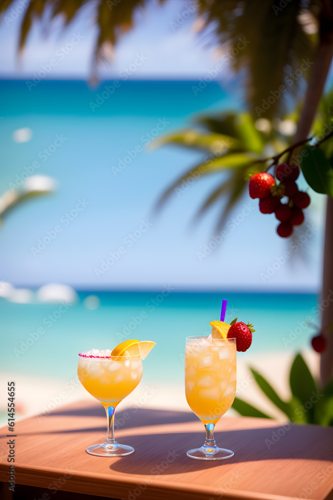 Obraz premium Cocktails on a tropical beach with palm trees and turquoise water. Summer vacation concept. Teasty cocktail. Beautyful background. Generative AI technology.