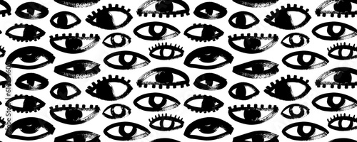 Brush drawn eyes seamless pattern. Hand drawn vector ornament with various opened eyes. Modern hipster style, primitive or naive drawing. Cartoon seamless pattern with parts of faces.