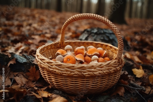 Basket with mushrooms in the forest.