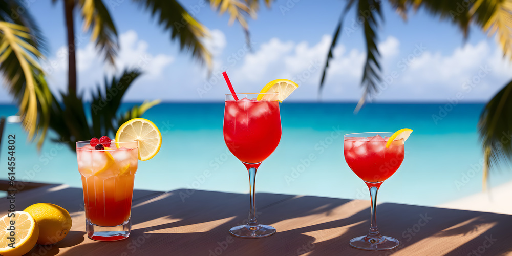 Obraz premium Cocktails on a tropical beach with palm trees and turquoise water. Summer vacation concept. Teasty cocktail. Beautyful background. Generative AI technology.
