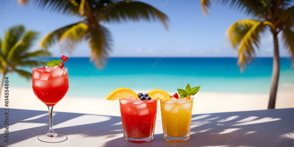 Cocktails on a tropical beach with palm trees and turquoise water. Summer vacation concept. Teasty cocktail. Beautyful background. Generative AI technology.