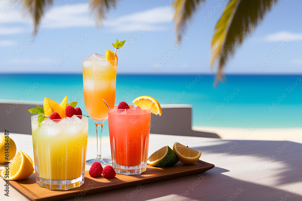 Obraz premium Cocktails on a tropical beach with palm trees and turquoise water. Summer vacation concept. Teasty cocktail. Beautyful background. Generative AI technology.