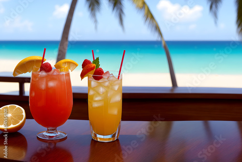 Cocktails on a tropical beach with palm trees and turquoise water. Summer vacation concept. Teasty cocktail. Beautyful background. Generative AI technology.