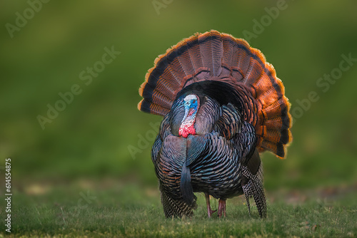 Photo Portrait of a wild turkey in display on grass with the forest in the background