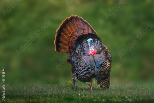 Portrait of a wild turkey in display on grass with the forest in the background