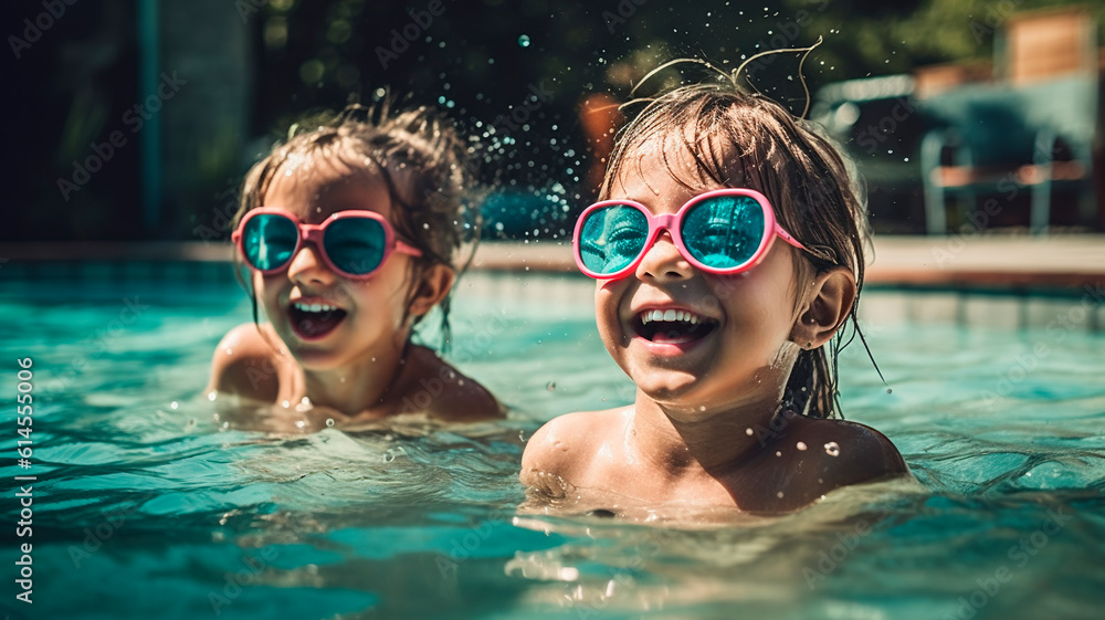 Cheerful Kids Playing in Swimming Pool, Children Friends Group in sunglasses Splashing, Laughing at Refreshing Pool - Active Summer Vacation and Family Fun, Water Activities, Sunny Days. generative ai