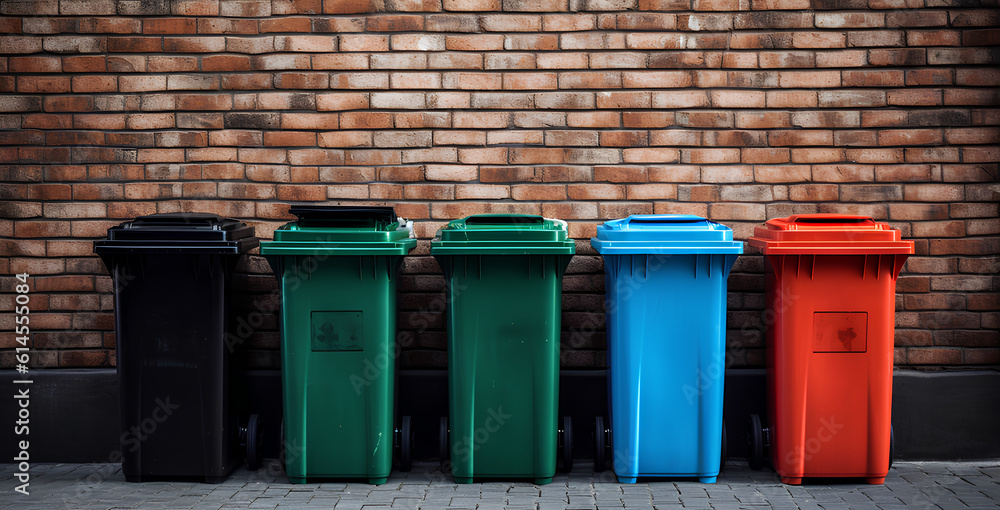 colored garbage bins - green, black, blue, red sit against a brick wall, in the style of transportcore, plasticien colored garbage bins - green, black, blue, red sit against a brick wall, in the style of transportcore, plasticien