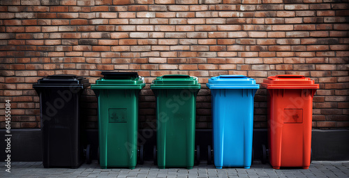 colored garbage bins - green, black, blue, red sit against a brick wall, in the style of transportcore, plasticien