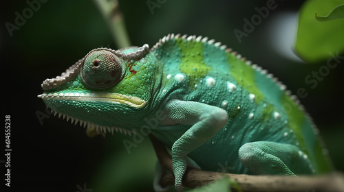 Green colored chameleon catching insect, slow motion, close up © StockSavant