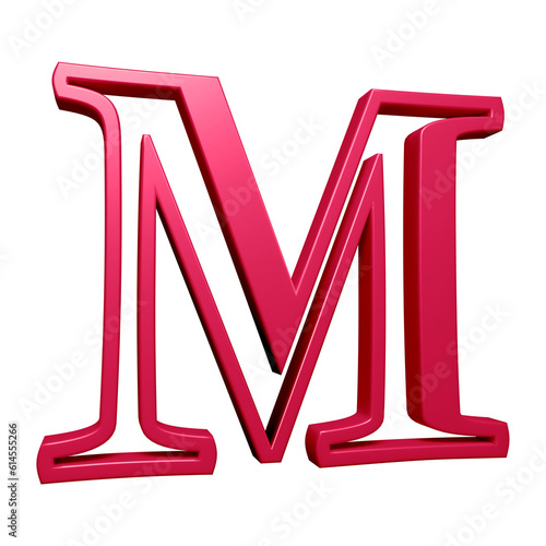 Pink alphabet letter m in 3d rendering for education, text concept