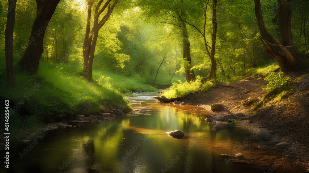 Green forest in sunlight with forest stream