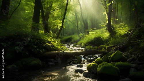 Green forest in sunlight with forest stream