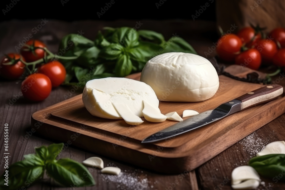Sliced mozzarella with knife on wooden board. Sliced mozzarella with knife on wooden board.