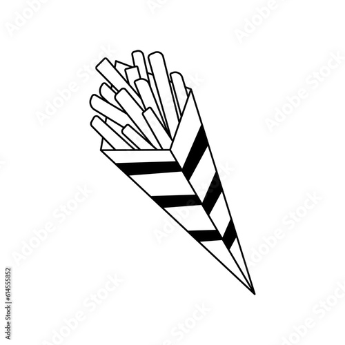 Cartoon french fries cone fast food doodle. Outline potato chips, street food concept, line art, sketch, template. Black and white icon. Hand drawn illustration isolated on white background.