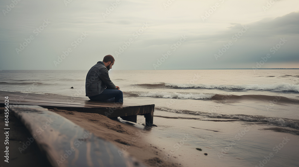Man alone and depressed at seaside