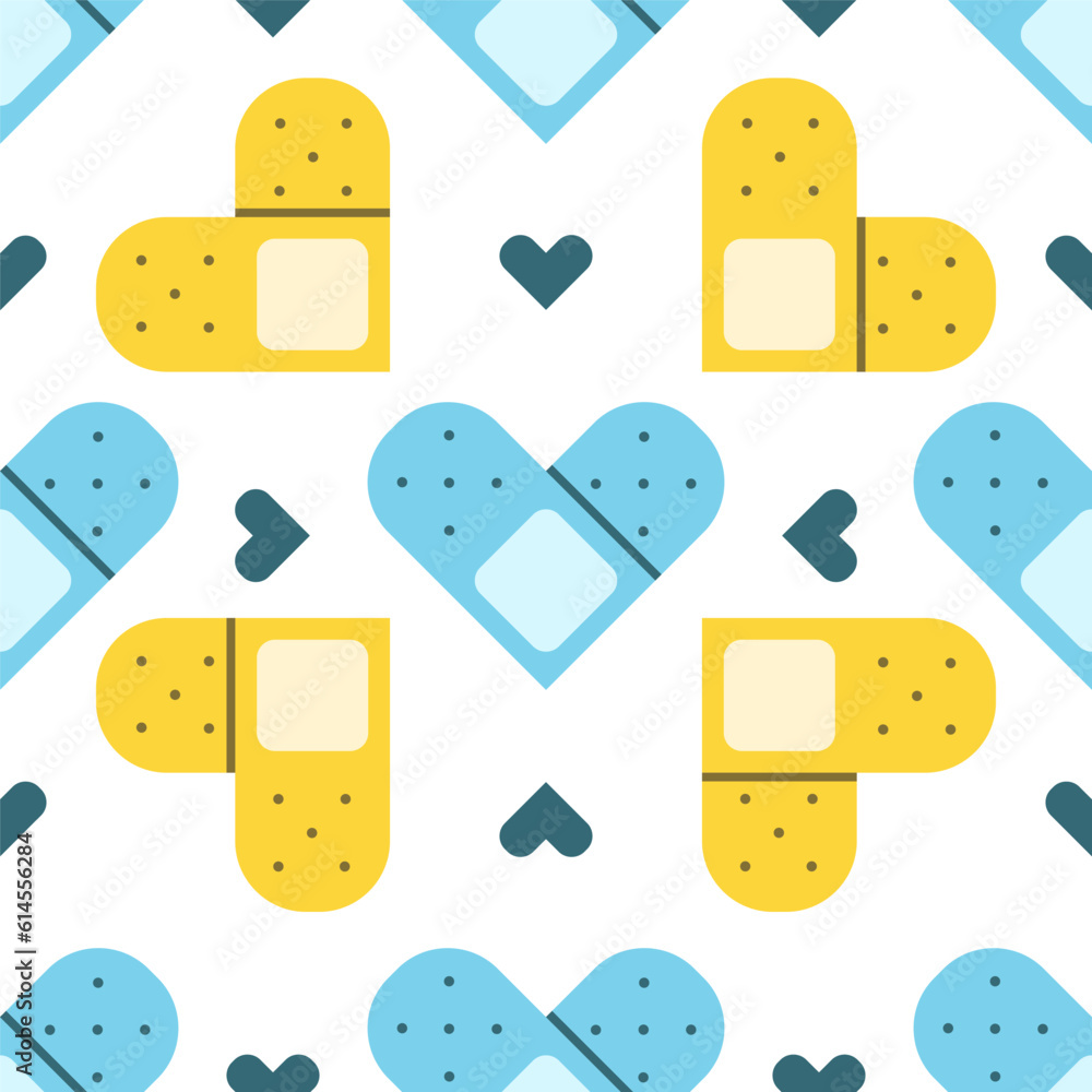 Flat cute seamless pattern of medical plaster with hearts. Blood donation print design in doodle style..