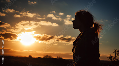 Silhouette of a tired and stressed woman against the sky, sun