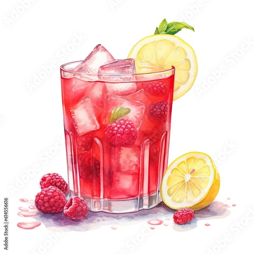 Cold raspberry lemonade. Watercolor illustration of a refreshing cocktail. AI generated