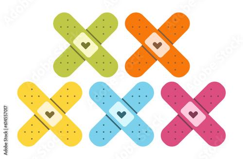 Flat cute set of band aids illustrations with hearts. Medical bandage collection of icons.