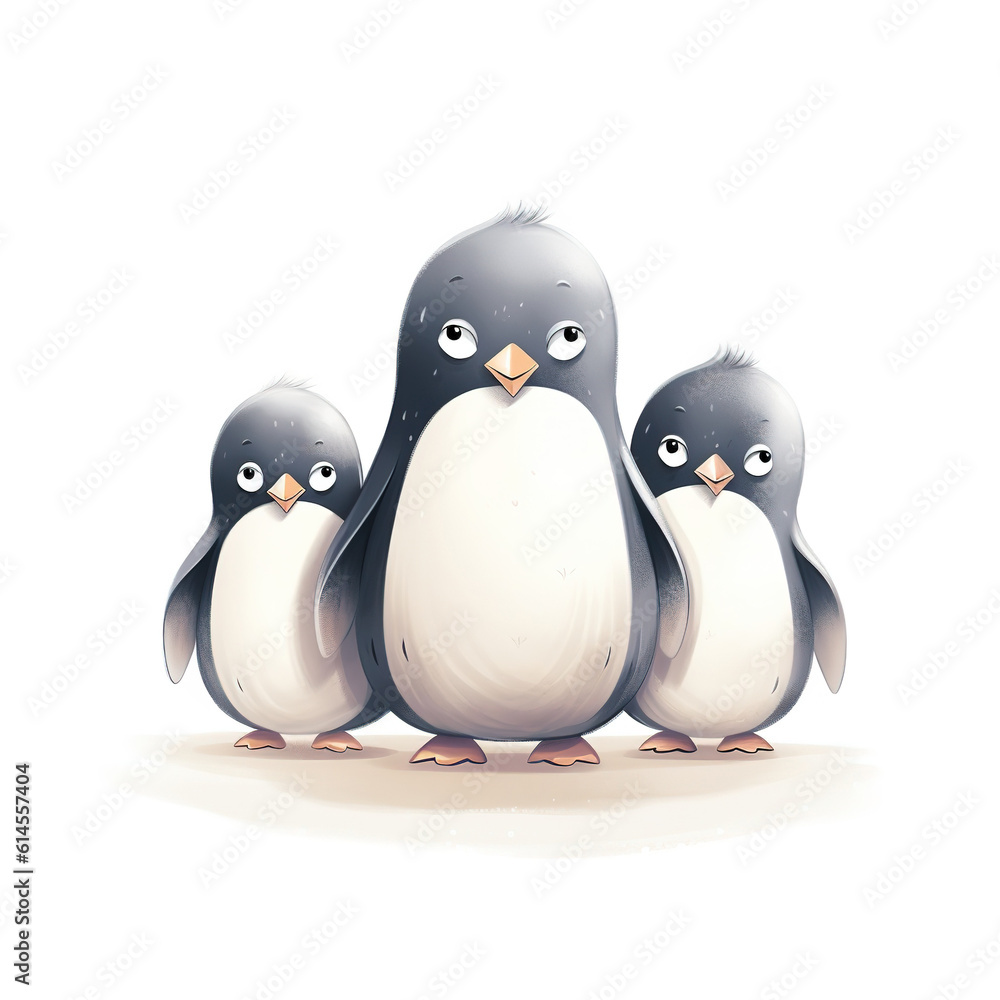 Naklejka premium Cartoon penguins on a white background. Mininalism. Generative AI