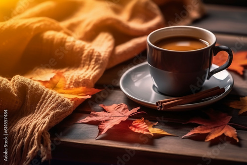 Autumn  fall leaves  hot cup of coffee and warm scarf on wooden table background. AI generative