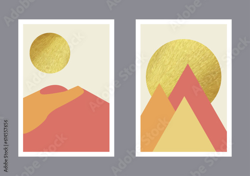 Modern minimalistic poster set. Desert landscape . Mid century art, abstract prints sun nature scenes, minimal contemporary wall decor. Vector illustration