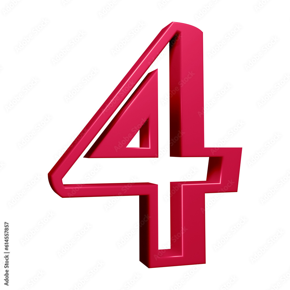 Pink number 4 in 3d rendering for math, business and education concept 