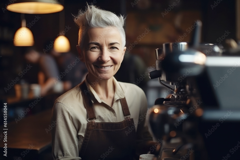 Smiling woman making coffee in coffee maker. Portrait of a happy and smiling waitress, or small business owner in the coffee shop. Smiling woman making coffee in coffee maker. Portrait of a happy and smiling waitress, or small business owner in the coffee shop.