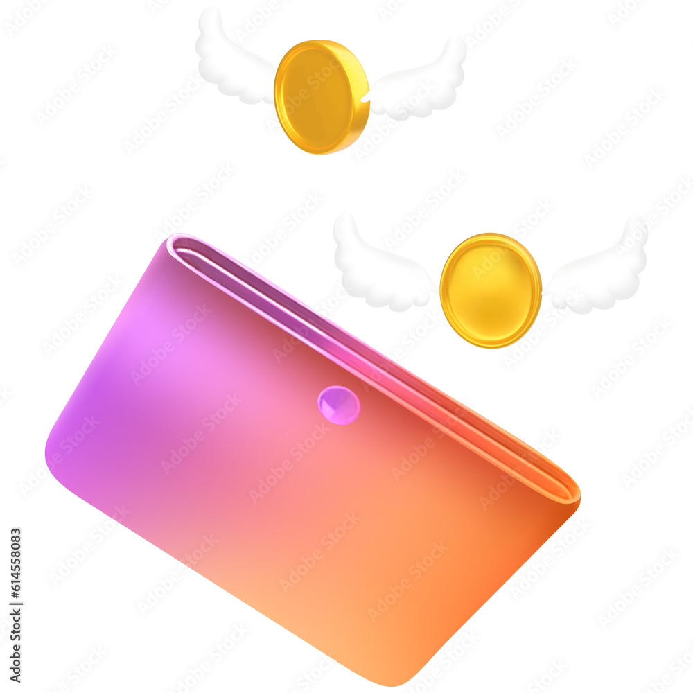 Wallet with flying golden coins.3d money saving icon concept.