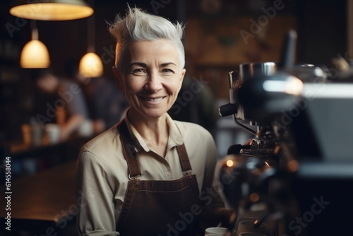 Smiling woman making coffee in coffee maker. Portrait of a happy and smiling waitress  or small business owner in the coffee shop. 