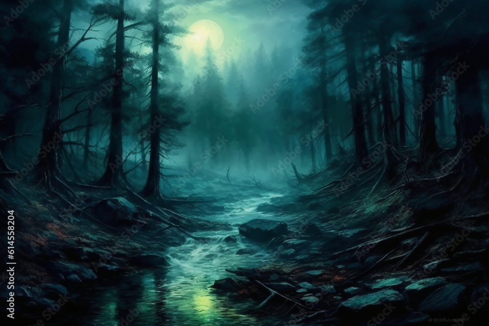 Naklejka premium Fog in the forest with moonlight. AI generative