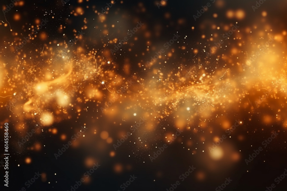 Golden bokeh particle lights and golden smoke effects. AI generative